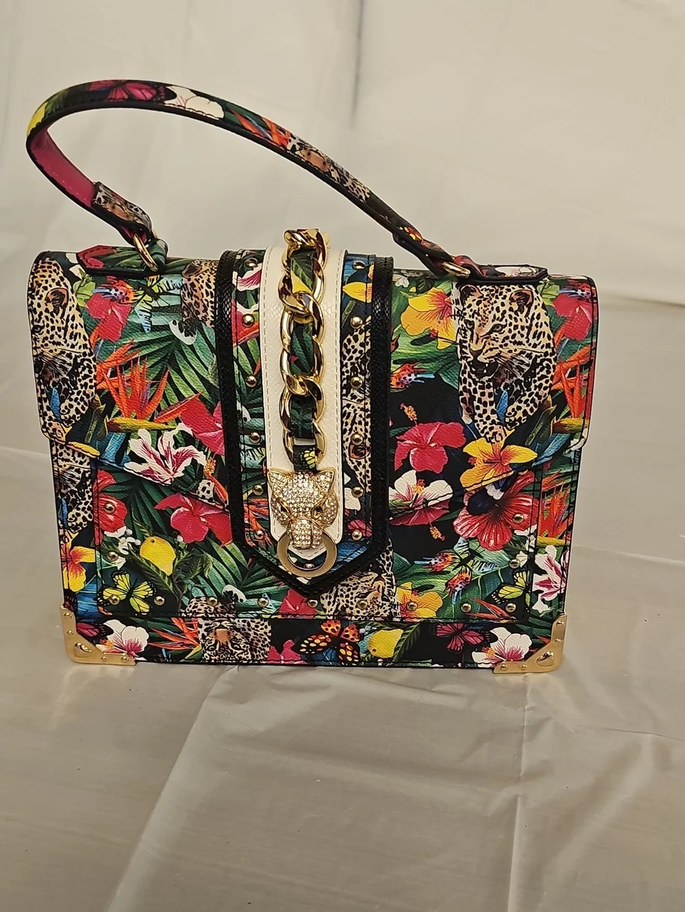 Tropical Floral Leopard Print Top-Handle Satchel - Multicolor